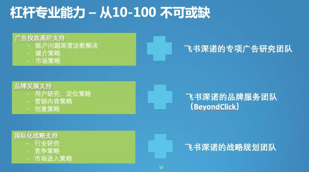 杠杆专业能力助力中国跨境电商从10到100发展成熟，适合的飞书深诺营销服务有广告投放高级支持、内容创意素材制作、国际化战略支持
